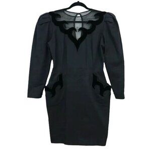 Isabel Allard Size 12 1980s Velvet Trim Puff Sleeve Tulip Dress Semi Sheer
